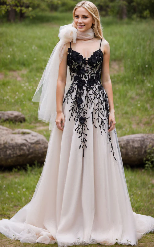 omberprom Elegant A-Line Champagne Lace Spaghetti Straps Wedding Dress with Appliques