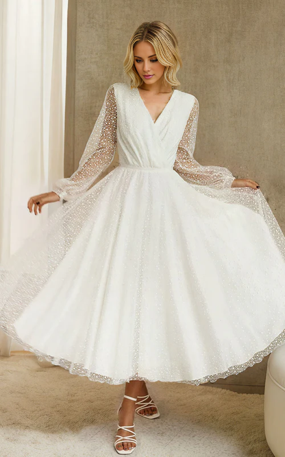 omberprom Elegant A-Line Tulle Tea-Length Long Sleeve Wedding Dress
