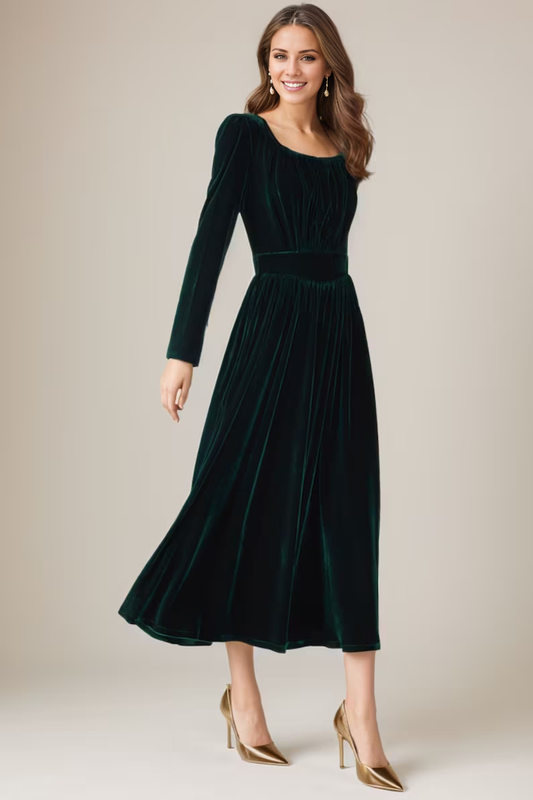 Liymcdress Elegant Velvet Dress Long Sleeves Dress V Neck Formal Dress for Wedding Guest