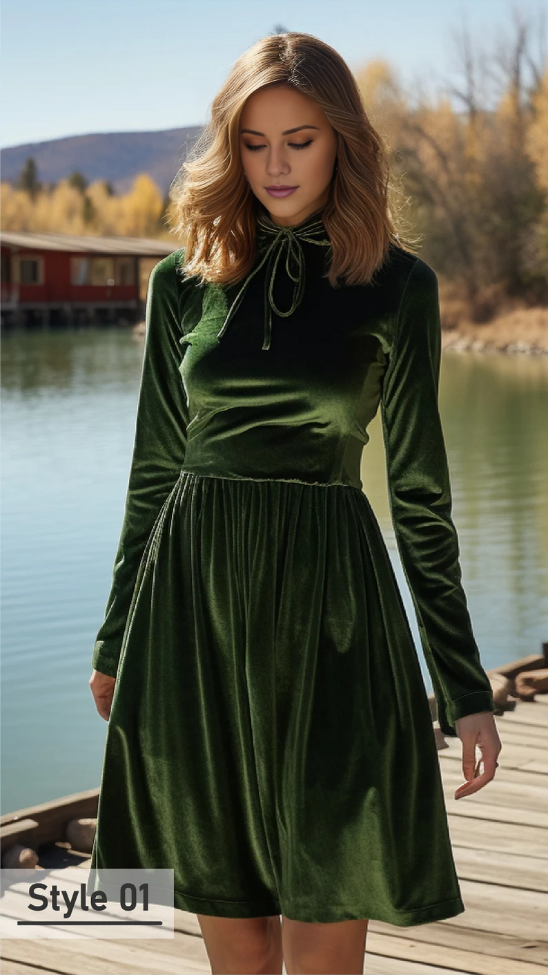 Liymcdress Elegant High Neck Velvet Dress Long Sleeves Dress Formal Dress