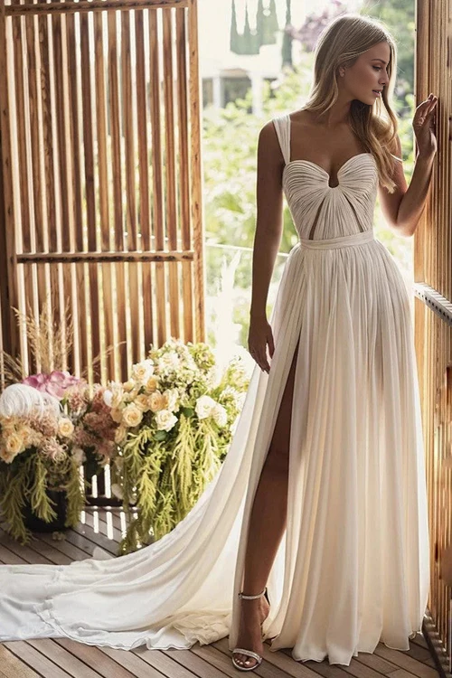 omberprom Elegant Bohemian A-Line Long Chiffon Sweetheart Wedding Dresses