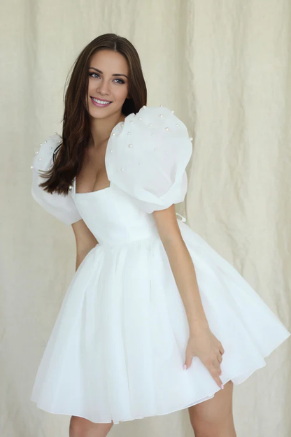 omberprom Elegant A-Line Square-Neck Short Wedding Dress With Puffy Pearls Sleeves