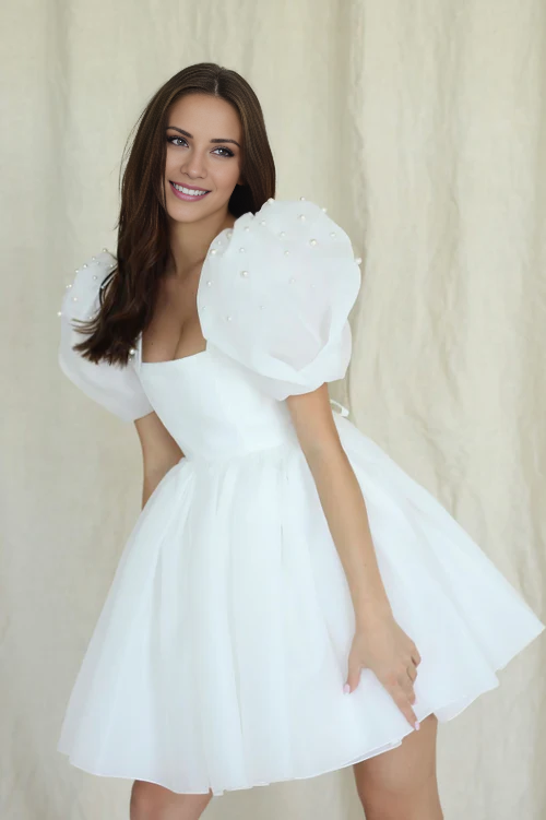 omberprom Elegant A-Line Square-Neck Short Wedding Dress With Puffy Pearls Sleeves