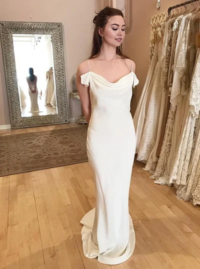 omberprom Elegant Spaghetti Straps Sheath Satin Long Wedding Dresses Simple Bridal Gown