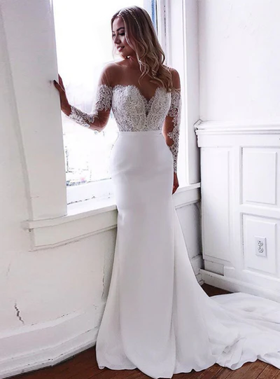 omberprom Elegant Mermaid Lace Long Sleeves Wedding Dresses With Appliques