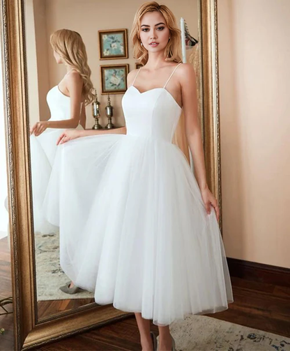 omberprom Elegant A-Line Spaghetti Straps Satin Tulle Tea-Length Wedding Dresses