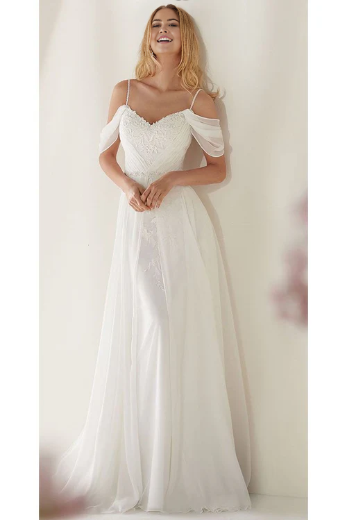 omberprom Elegant A-Line Spaghetti Straps Off-the-Shoulder Sweep Train Wedding Dress