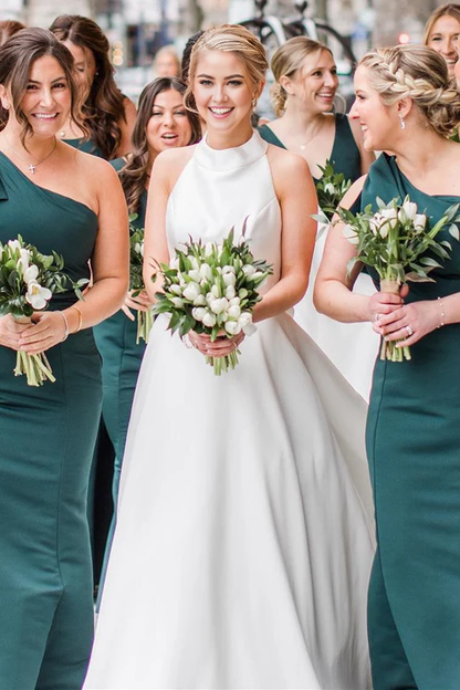 omberprom Elegant Halter A-line Satin Wedding Dress with Buttons