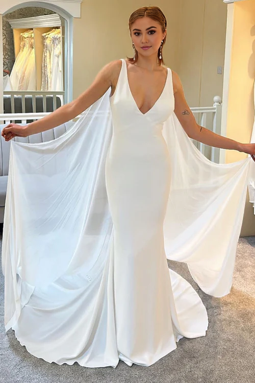 omberprom Elegant Plunge V Mermaid Long Wedding Dress with Detachable Cape