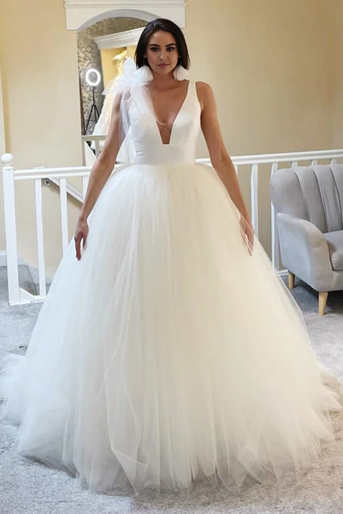 omberprom Elegant A-Line Tulle Plunge V Open Back Wedding Dress