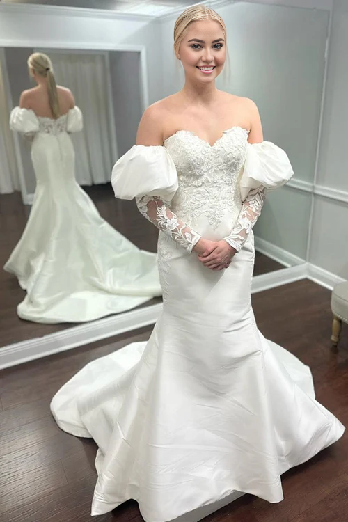 omberprom Appliques Off-the-Shoulder Mermaid Wedding Dress with Detached Sleeves