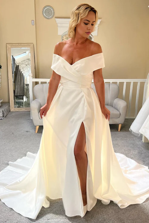 omberprom Elegant Satin Off-the-Shoulder Long Wedding Dress with Slit