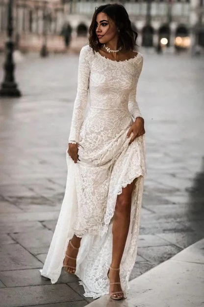 omberprom Elegant Long Sleeves Wedding Dresses with Sweep Train Charming Bridal Gown