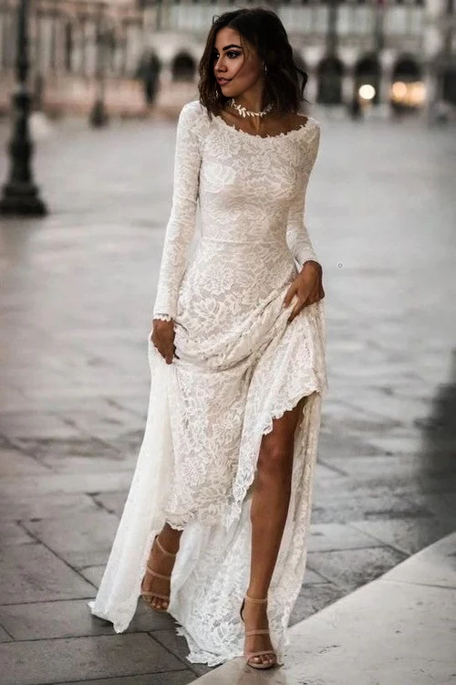 omberprom Elegant Long Sleeves Wedding Dresses with Sweep Train Charming Bridal Gown
