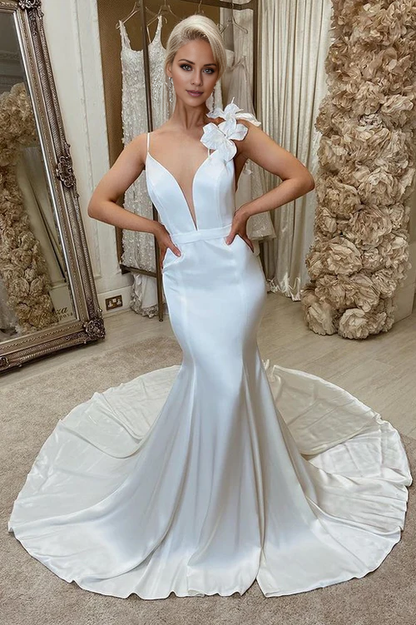 omberprom Elegant Satin Backless Mermaid Wedding Dress with Flowers