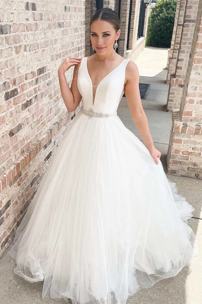 omberprom Elegant V-Neck A-Line Long Wedding Dress with Sashes