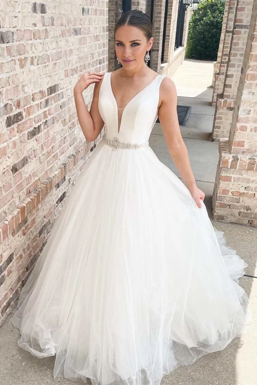 omberprom Elegant V-Neck A-Line Long Wedding Dress with Sashes