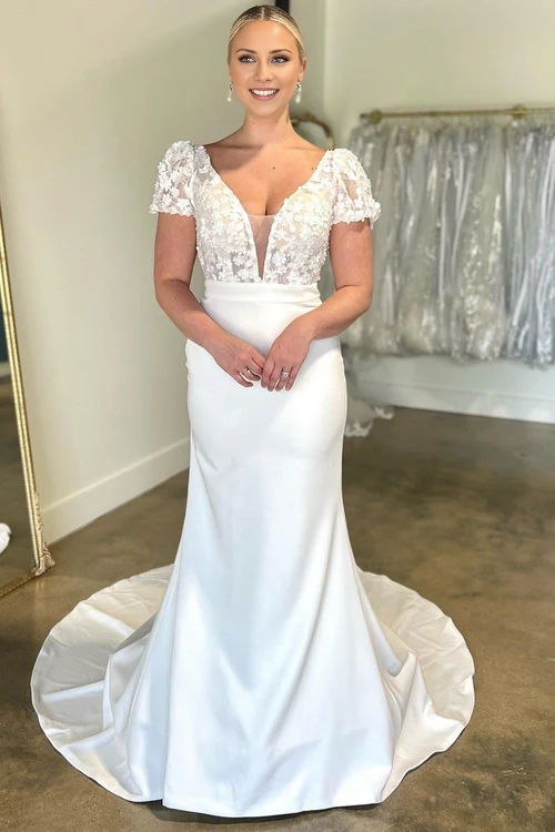 omberprom Elegant Floral Applique Plunge V Long Wedding Dress with Short Sleeves