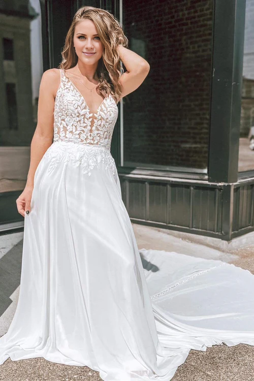 omberprom Elegant Appliques Plunge V Open Back Long Wedding Dress