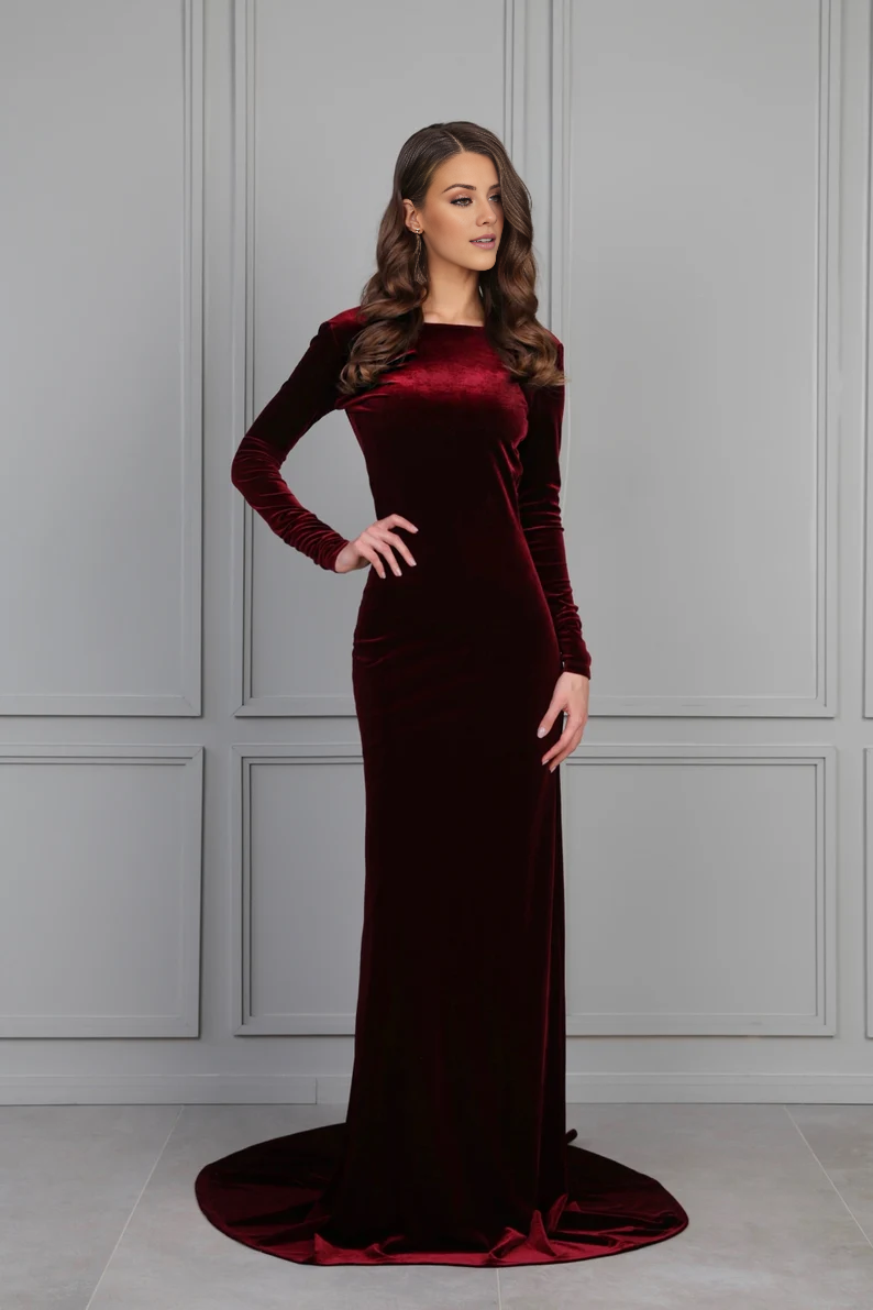 omberprom Dark Burgundy Bridesmaid Velvet Dress Mermaid Maxi Open Back Train Dress