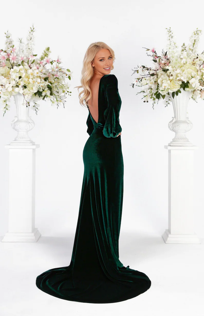 omberprom Dark Green Bridesmaid Velvet Dress Mermaid Maxi Open Back Train Dress