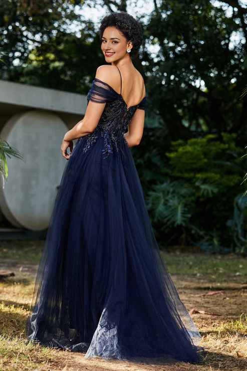 omberprom Elegant A-Line Prom Dresses Off the Shoulder Beaded Tulle Dress