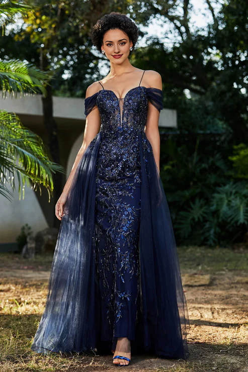 omberprom Elegant A-Line Prom Dresses Off the Shoulder Beaded Tulle Dress