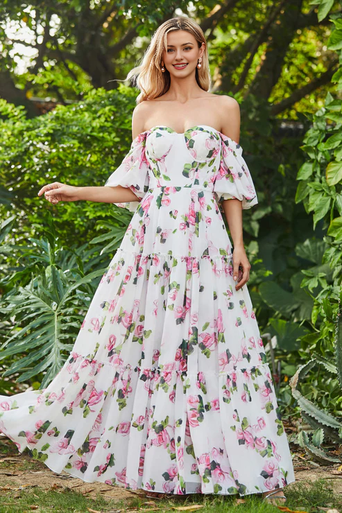 omberprom Elegant Prom Dresses Off Shoulder Flowers Ruffled Chiffon Long Dress