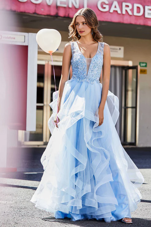 omberprom Elegant Deep V Neck Long Prom Dresses Ruffle Ruched Tulle Dress