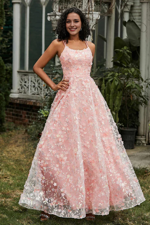 omberprom Elegant Prom Dresses Double Straps Flowers Floor-Length Dress