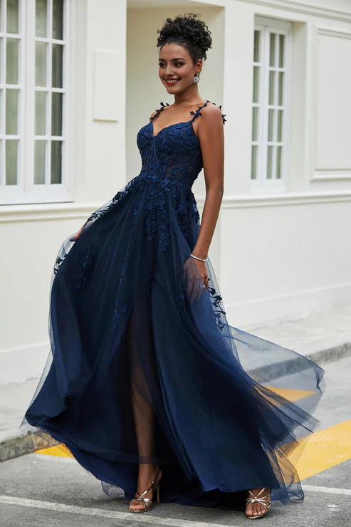 omberprom Elegant Sweetheart Prom Dresses Applique Tulle Dress With Slit