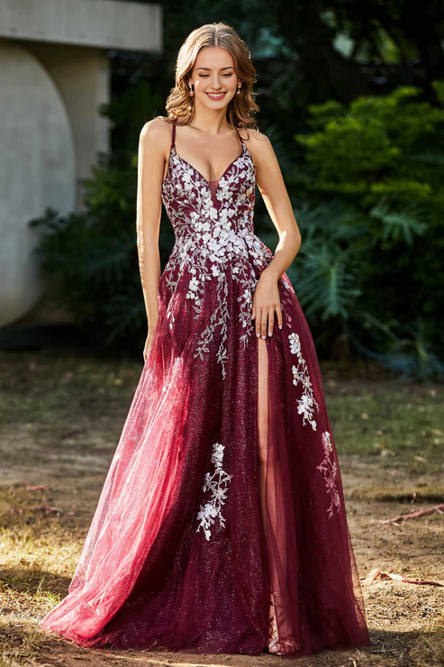 omberprom Elegant Prom Dresses A Line Evening Dress Lace High Slit Tulle Dress