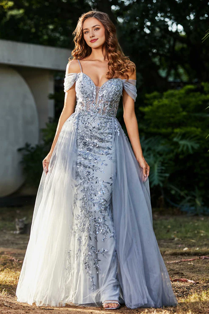 omberprom Elegant Prom Dresses Off Shoulder Applique A-Line Tulle Dress Evening Dress