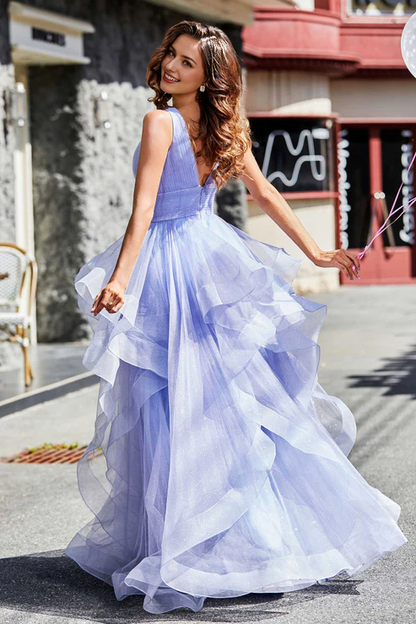 omberprom Elegant Prom Dresses Ruched Ruffle Long Tulle Ball Gown Evening Dress