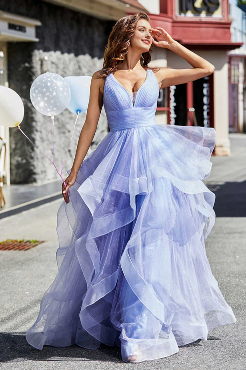 omberprom Elegant Prom Dresses Ruched Ruffle Long Tulle Ball Gown Evening Dress