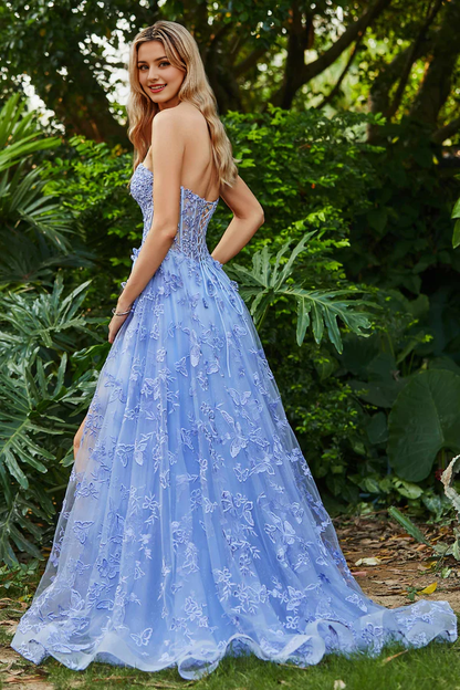 omberprom Elegant Prom Dresses See-through Butterfly Applique Sweep Train Gown With Slit
