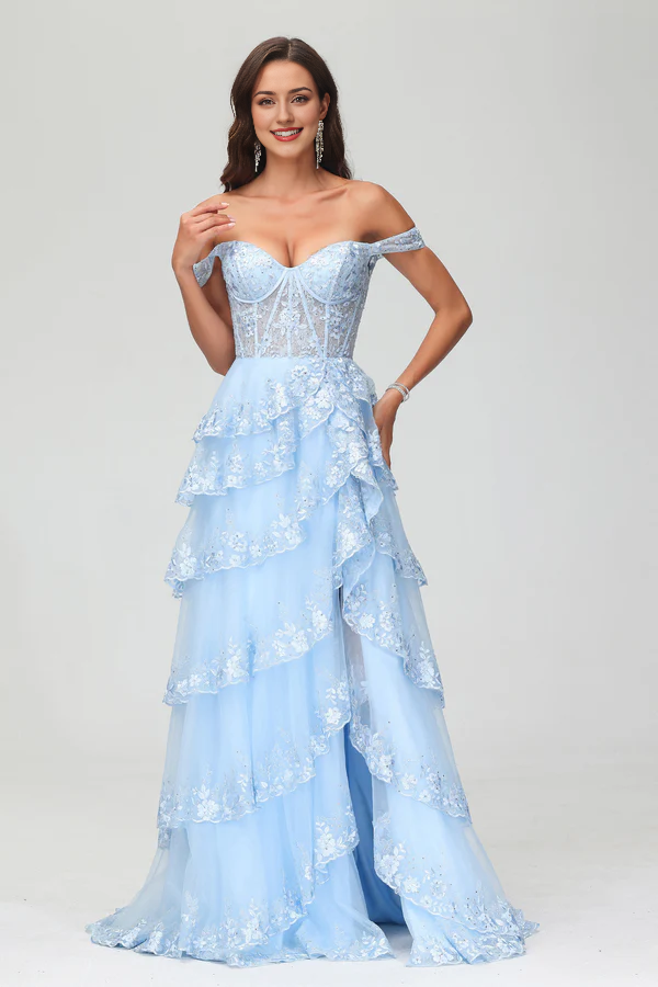 omberprom Elegant A-Line Prom Dresses Off Shoulder Rhinestone Tulle Sweep Train Dress