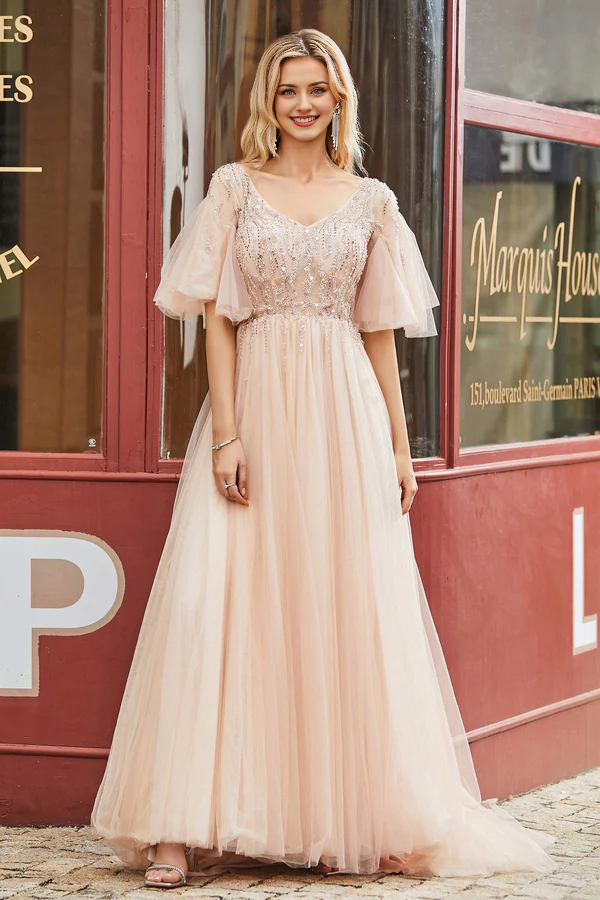 omberprom Fashion Prom Dresses Flutter Sleeves Beaded A-Line Tulle Long Evening Dress