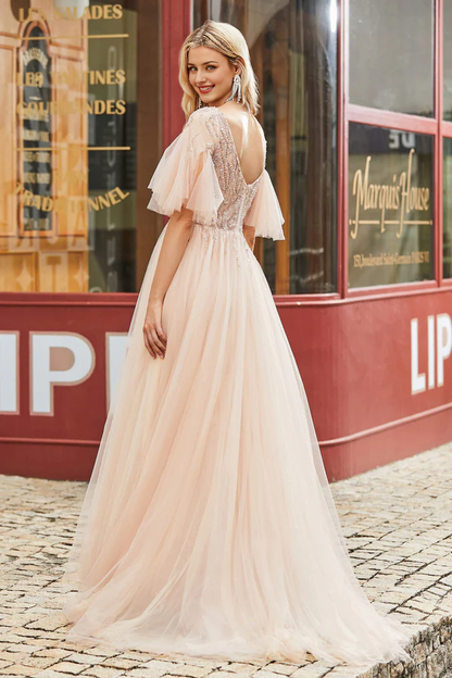 omberprom Fashion Prom Dresses Flutter Sleeves Beaded A-Line Tulle Long Evening Dress