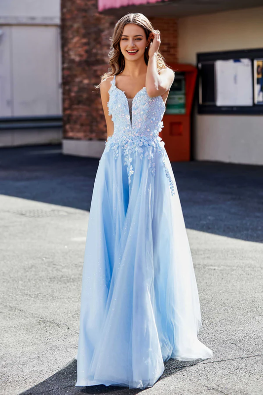 omberprom Elegant Prom Dresses Flower Applique Lace Open Back Tulle Dress