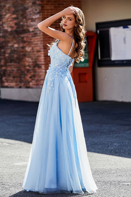 omberprom Elegant Prom Dresses Flower Applique Lace Open Back Tulle Dress
