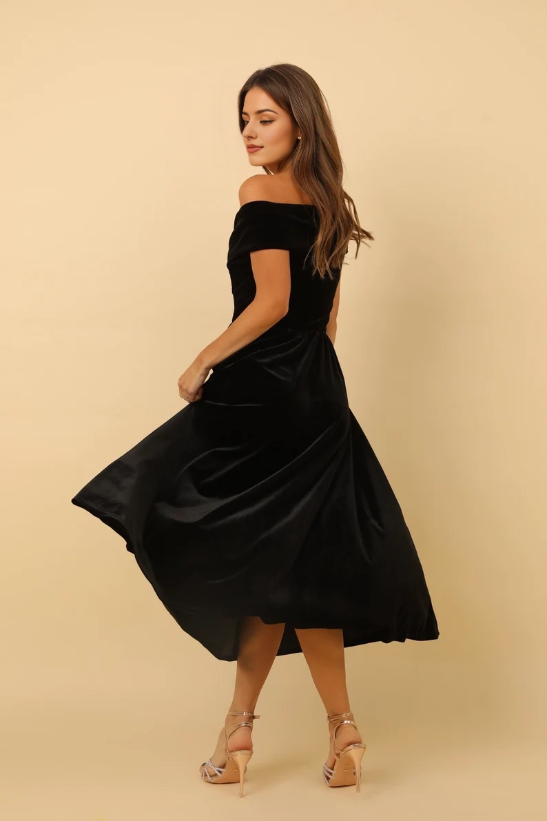 omberprom Elegant Black Prom Dresses Velvet Dress Midi Dress Evening Dress