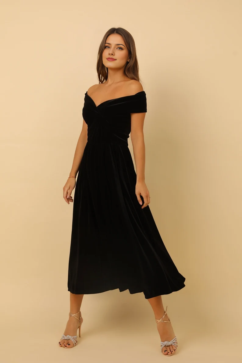 omberprom Elegant Black Prom Dresses Velvet Dress Midi Dress Evening Dress