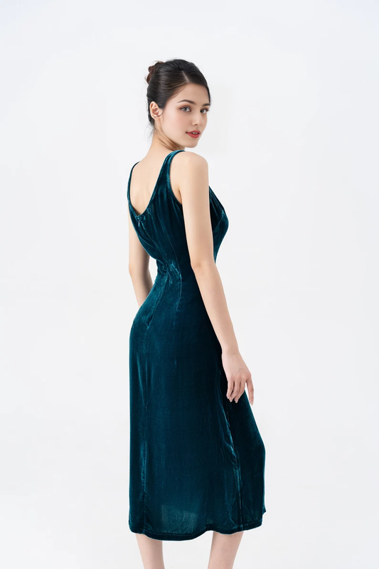 omberprom Elegant Velvet Dress Ruched Formal Dress for Wedding Guest
