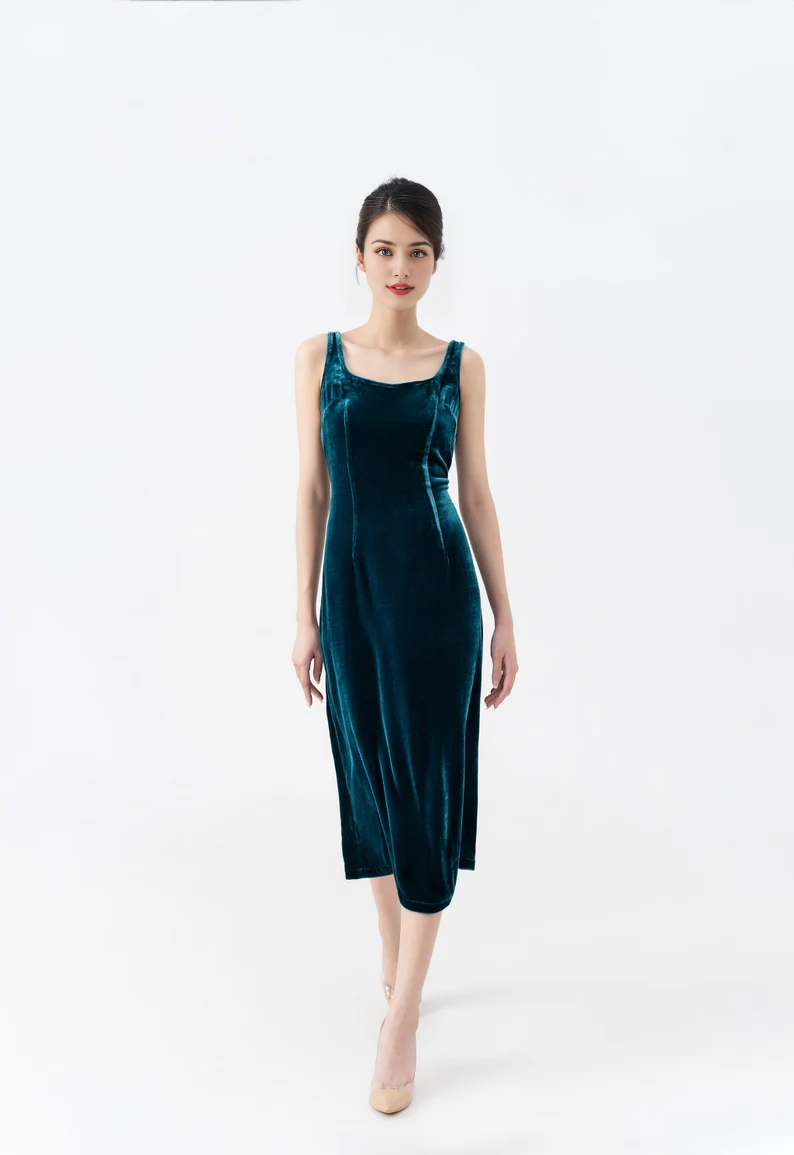 omberprom Elegant Velvet Dress Ruched Formal Dress for Wedding Guest
