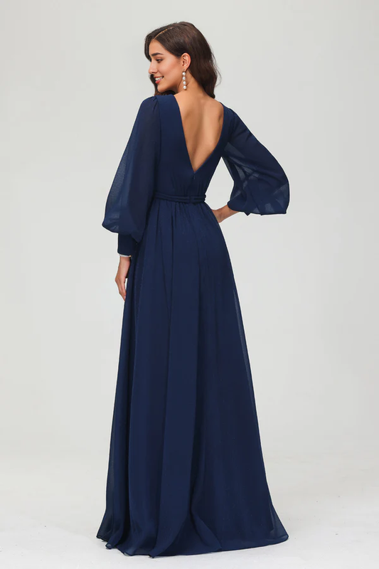 omberprom Elegant Evening Dress Long Sleeves V Neck Prom Dresses Floor Length Dress With Slit
