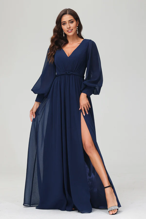 omberprom Elegant Evening Dress Long Sleeves V Neck Prom Dresses Floor Length Dress With Slit
