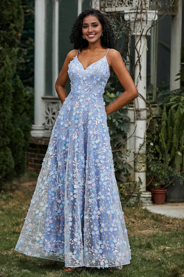omberprom Fashion Prom Dresses V-neck Evening Dress Flowers Long Lace Dress