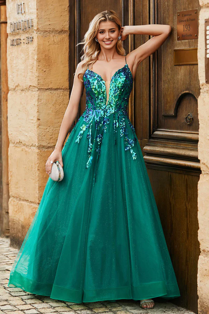 omberprom Fashion Prom Dresses Plunging V-neck Evening Dress Sparkle Sequins A-Line Tulle Dress