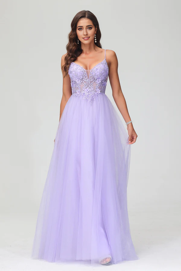 omberprom Elegant Prom Dresses See-through V Neck Evening Dress Rhinestone Tulle Applique Long Dress